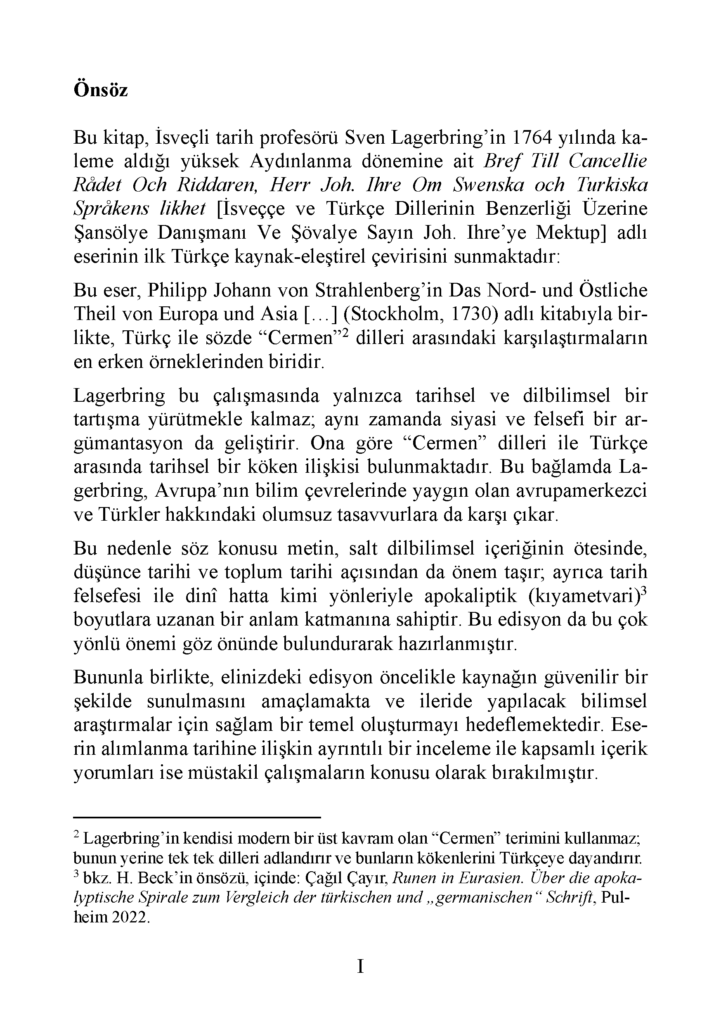 Sven Lagerbring: Şansölyelik Danışmanı ve Şövalye Bay Johan Ihre‘ye İsveççe ve Türkçe Dillerinin Benzerliği Üzerine Mektup (E-Kitap)