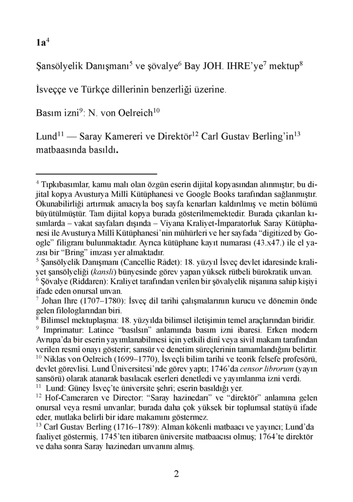Sven Lagerbring: Şansölyelik Danışmanı ve Şövalye Bay Johan Ihre‘ye İsveççe ve Türkçe Dillerinin Benzerliği Üzerine Mektup (E-Kitap)